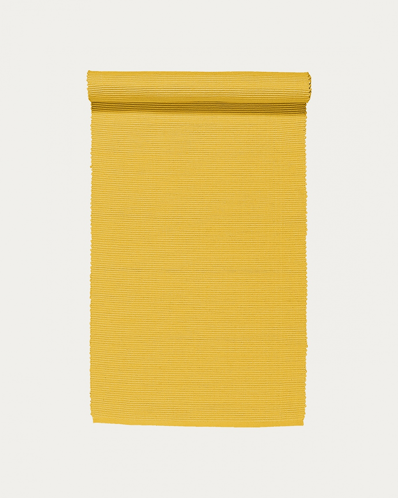Immagine prodotto giallo mostarda runner UNI in morbido cotone a costine di qualità di LINUM DESIGN. Dimensioni 45x150 cm.