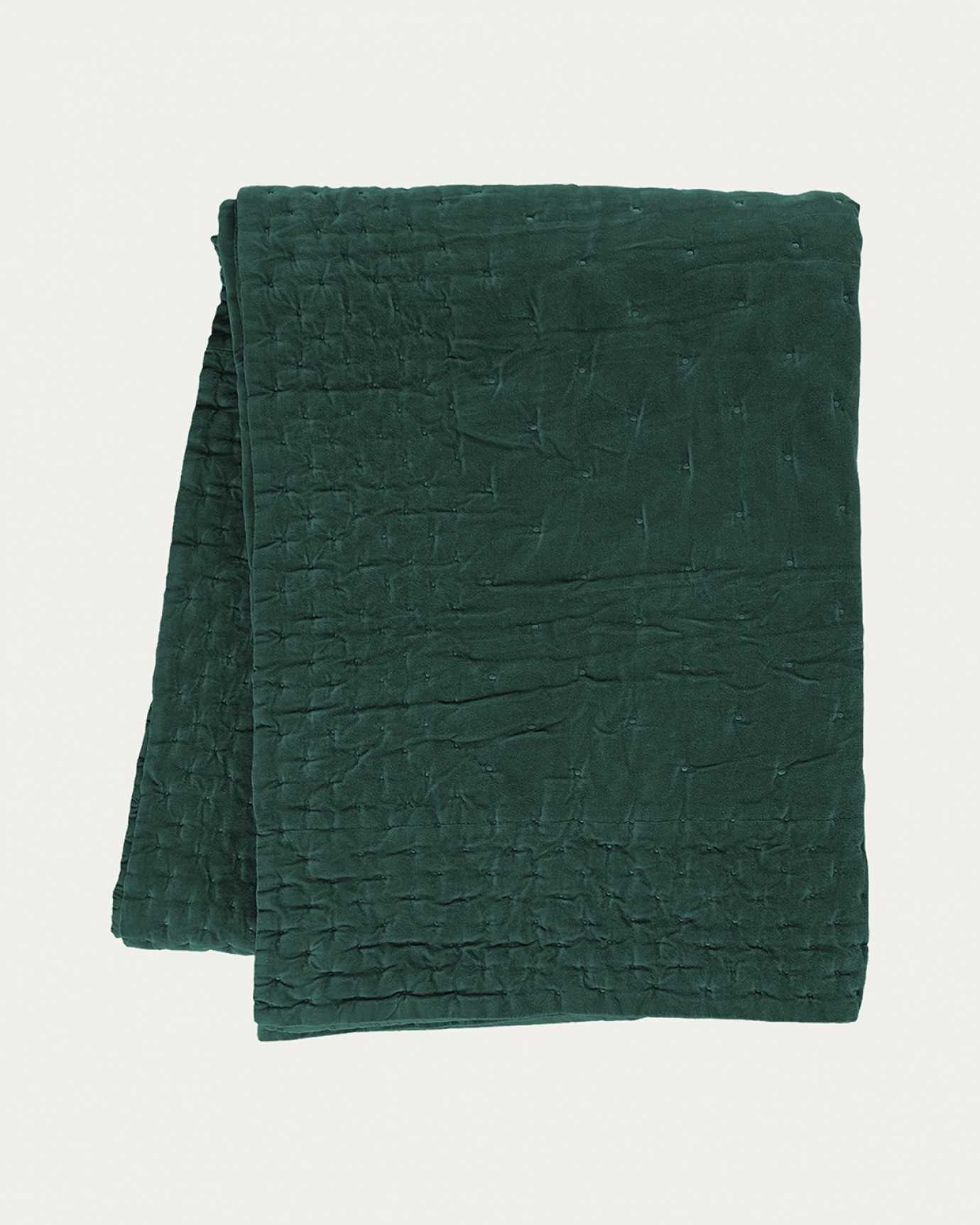 Produktbild djup smaragdgrön PAOLO överkast av mjuk bomullssammet för dubbelsäng från LINUM DESIGN. Storlek 270x260 cm.