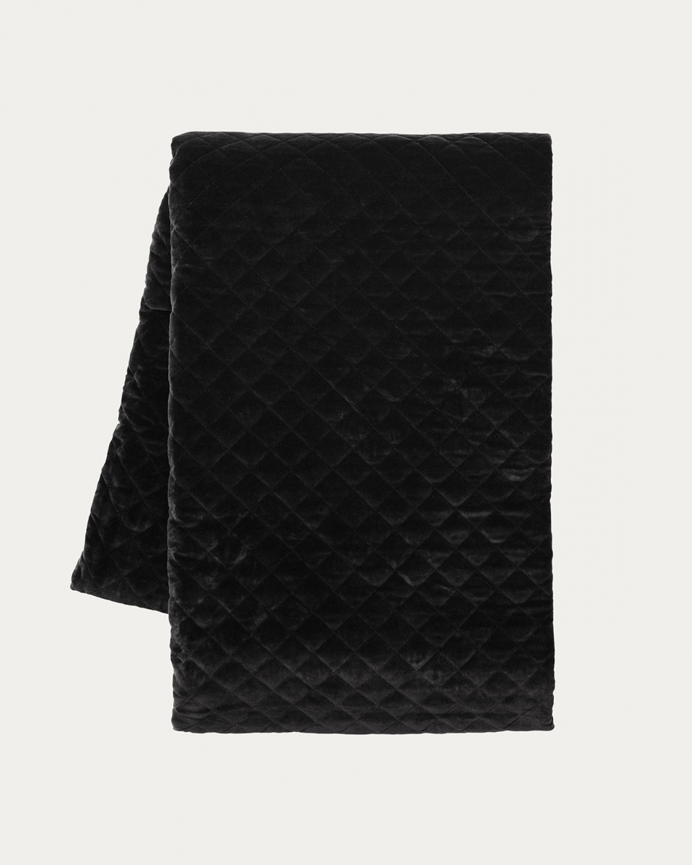 Produktbild svart PICCOLO överkast av mjuk ekologisk bomullssammet för enkelsäng från LINUM DESIGN. Storlek 170x260 cm.