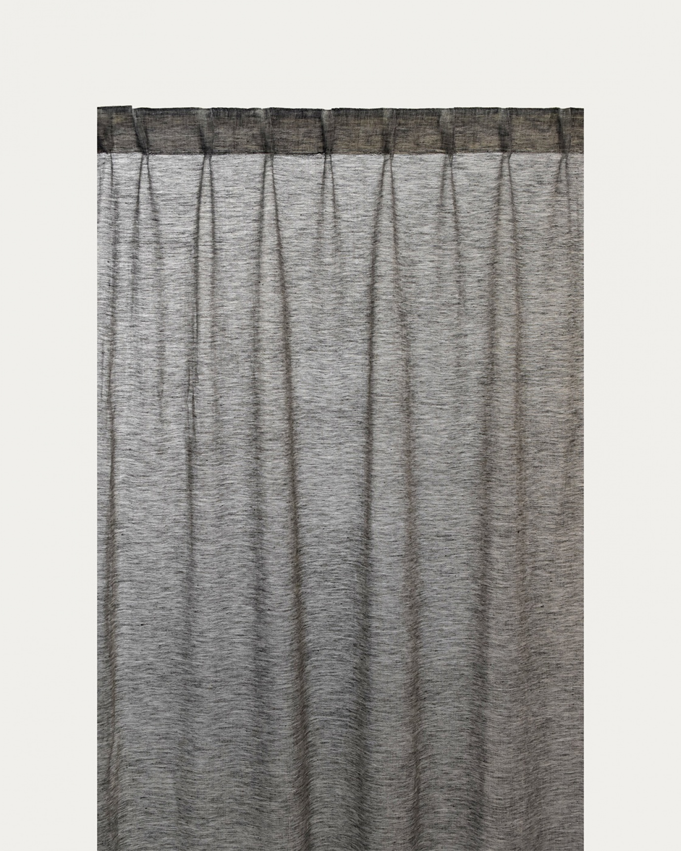 Product image dark charcoal grey INTERMEZZO curtain of sheer linen with finished pleat tape from LINUM DESIGN. Size 140x290 cm and sold in 2-pack.