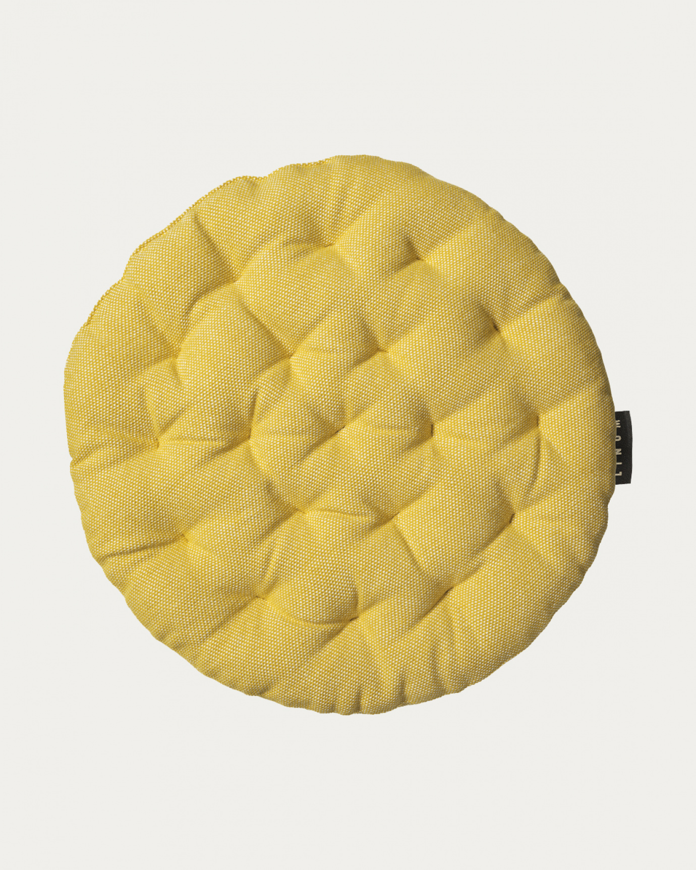 Product image mustard yellow PEPPER seat cushion made of soft cotton with recycled polyester filling from LINUM DESIGN. Size ø37 cm.