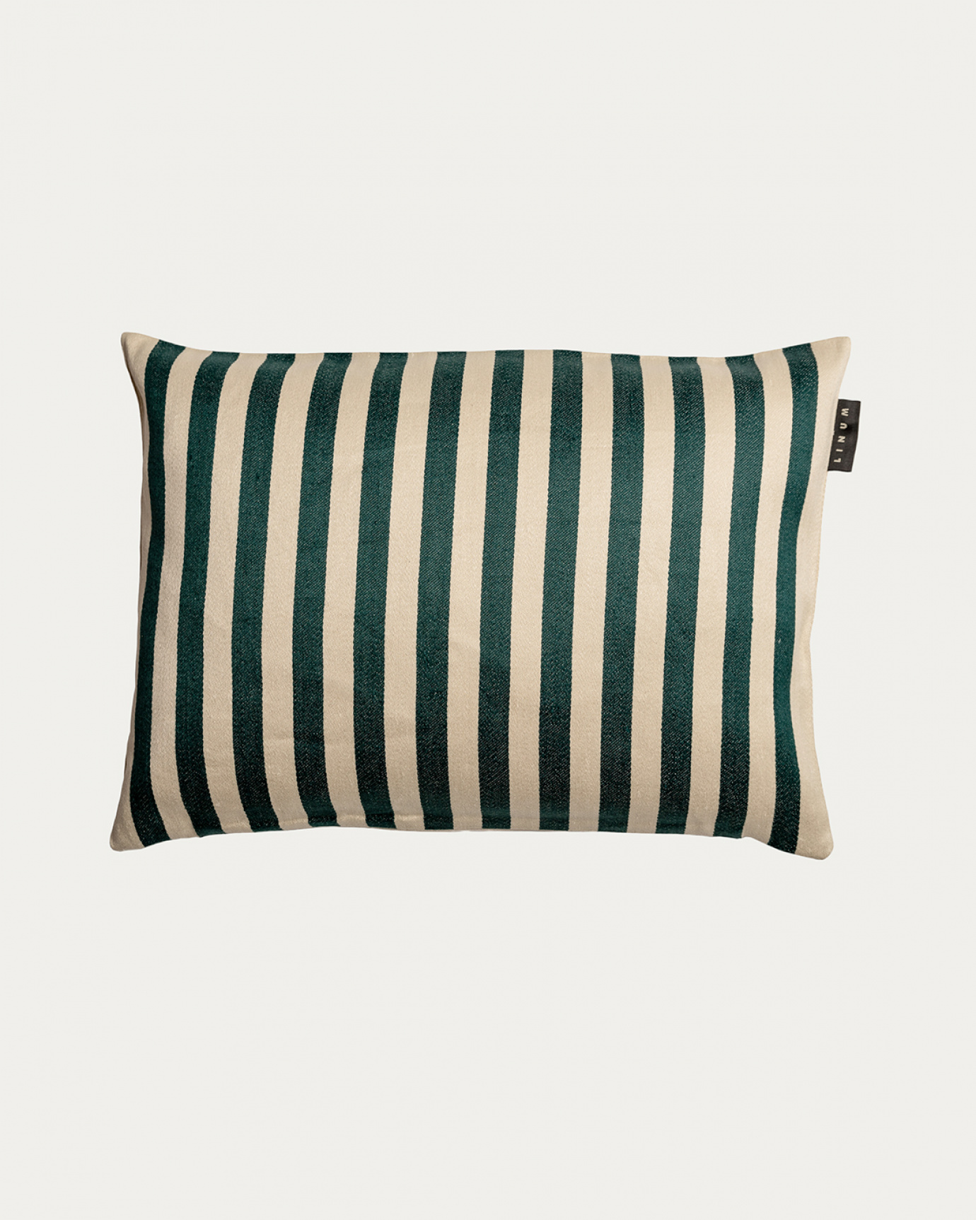 Product image deep emerald green AMALFI cushion cover with wide stripes made of 77% linen and 23% cotton from LINUM DESIGN. Size 35x50 cm.
