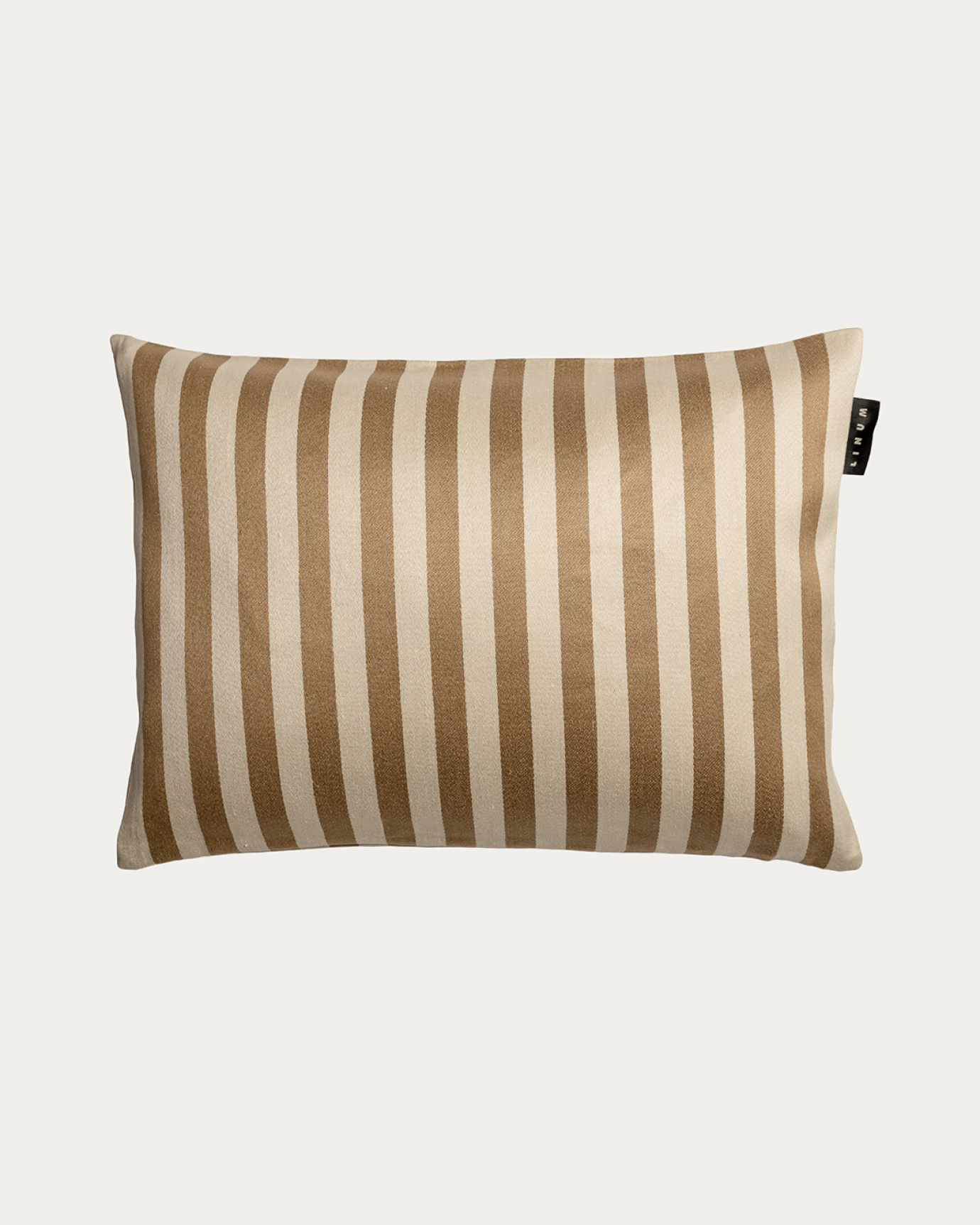 Product image camel brown AMALFI cushion cover with wide stripes made of 77% linen and 23% cotton from LINUM DESIGN. Size 35x50 cm.
