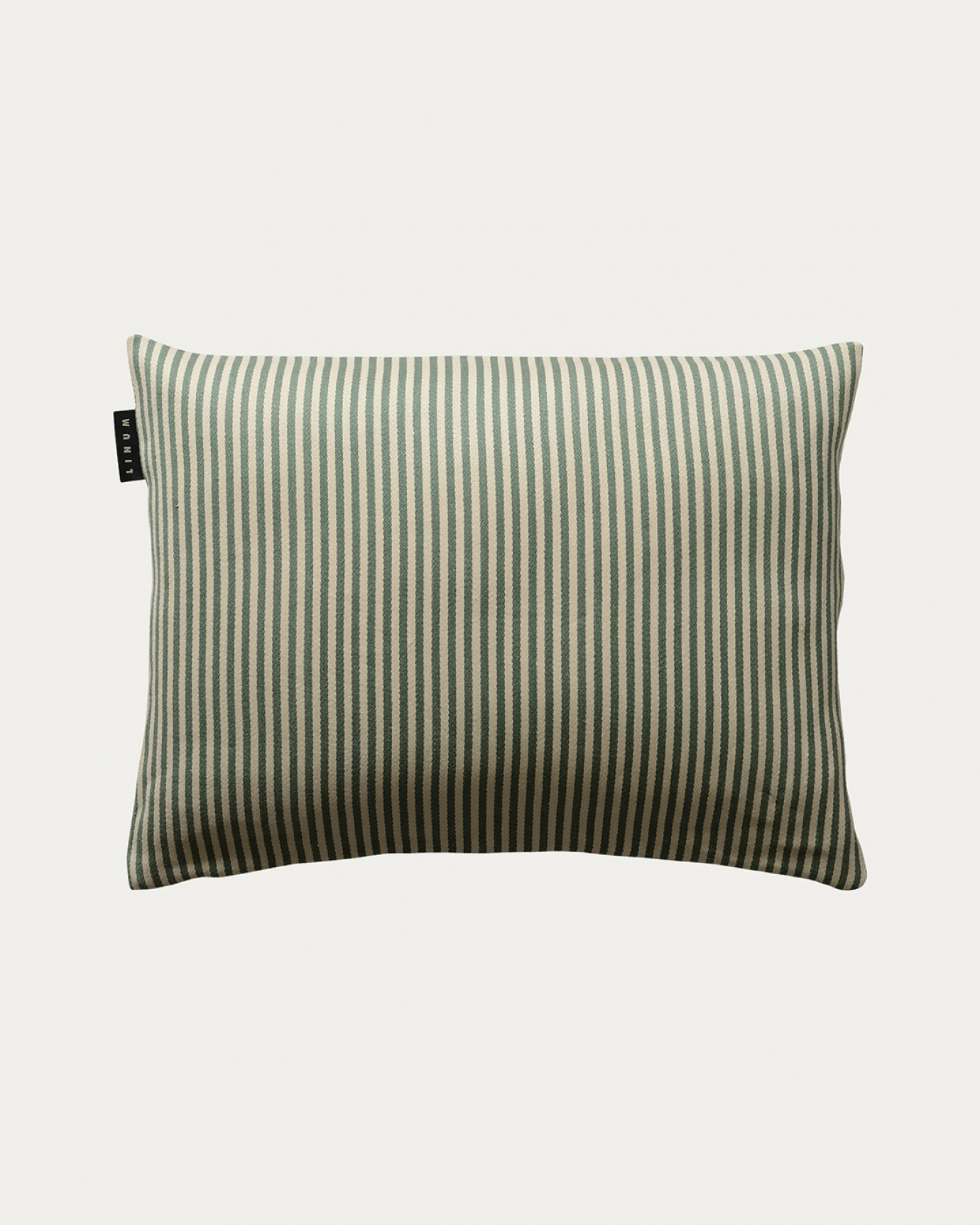 Product image grey green CALCIO cushion cover with thin stripes of 77% linen and 23% cotton from LINUM DESIGN. Size 35x50 cm.