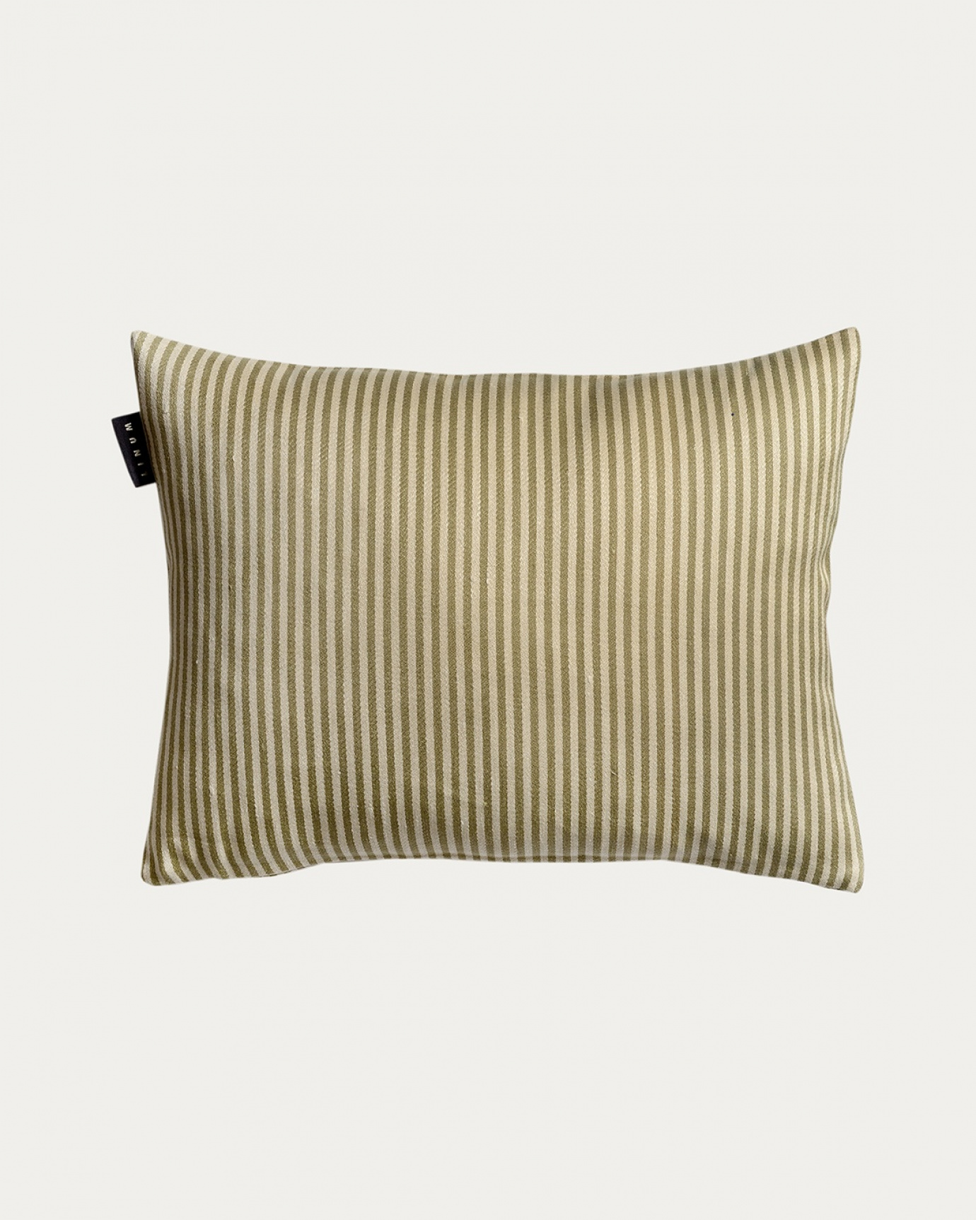 Product image soft grey green CALCIO cushion cover with thin stripes of 77% linen and 23% cotton from LINUM DESIGN. Size 35x50 cm.