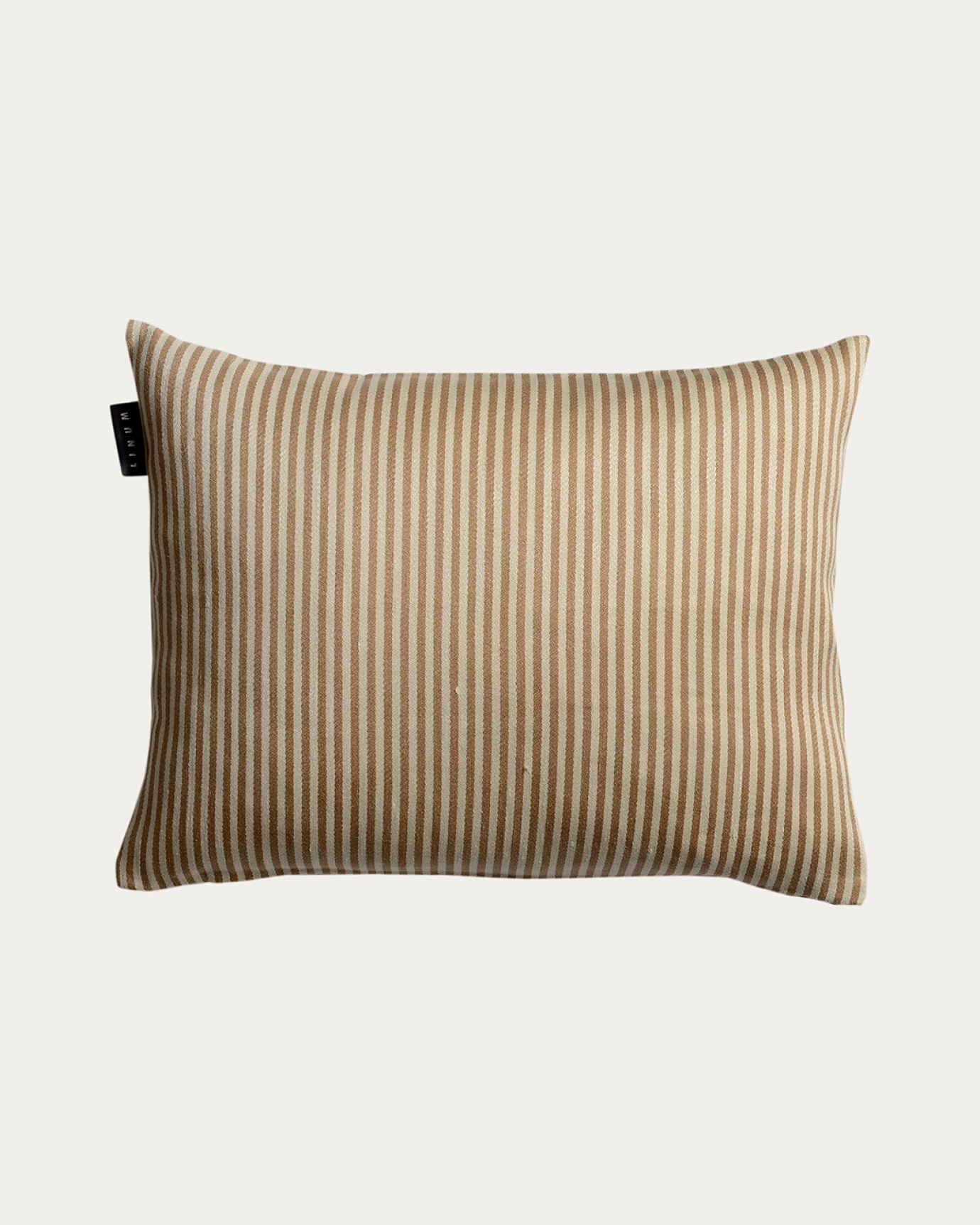Product image camel brown CALCIO cushion cover with thin stripes of 77% linen and 23% cotton from LINUM DESIGN. Size 35x50 cm.