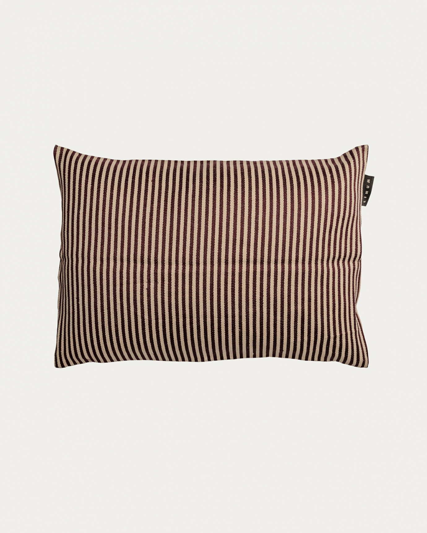 Product image dark burgundy red CALCIO cushion cover with thin stripes of 77% linen and 23% cotton from LINUM DESIGN. Size 35x50 cm.