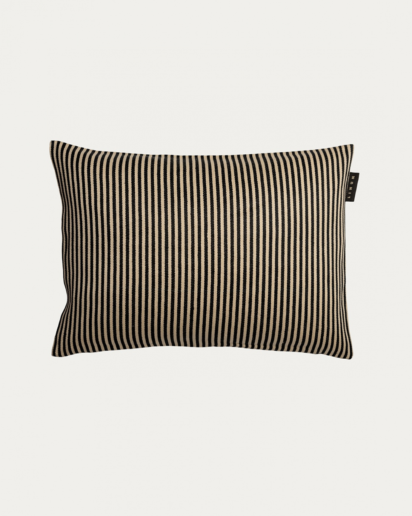 Product image black CALCIO cushion cover with thin stripes of 77% linen and 23% cotton from LINUM DESIGN. Size 35x50 cm.
